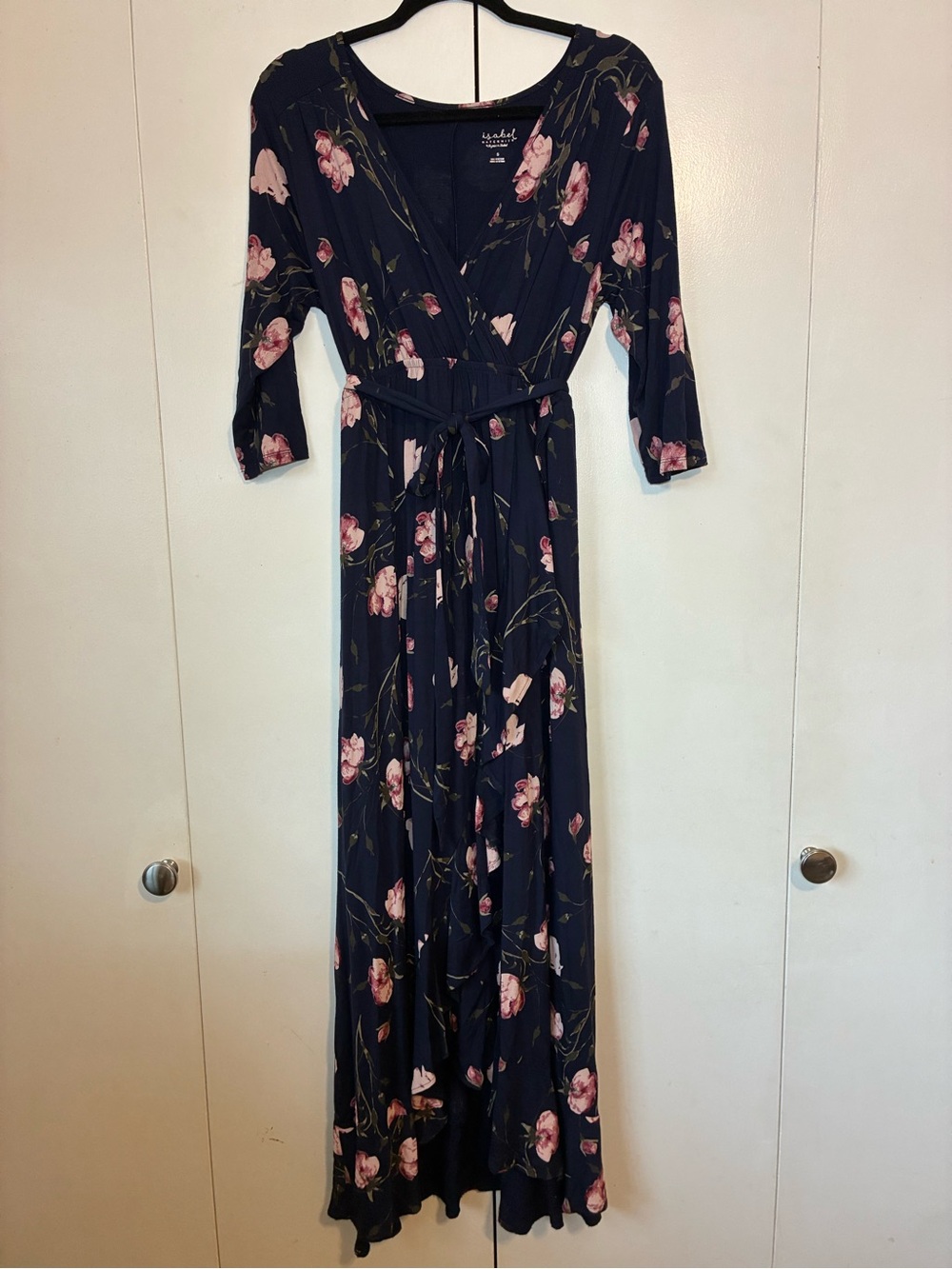 Ingrid & Isabel Navy Maxi Wrap Dress with Pink Floral Print